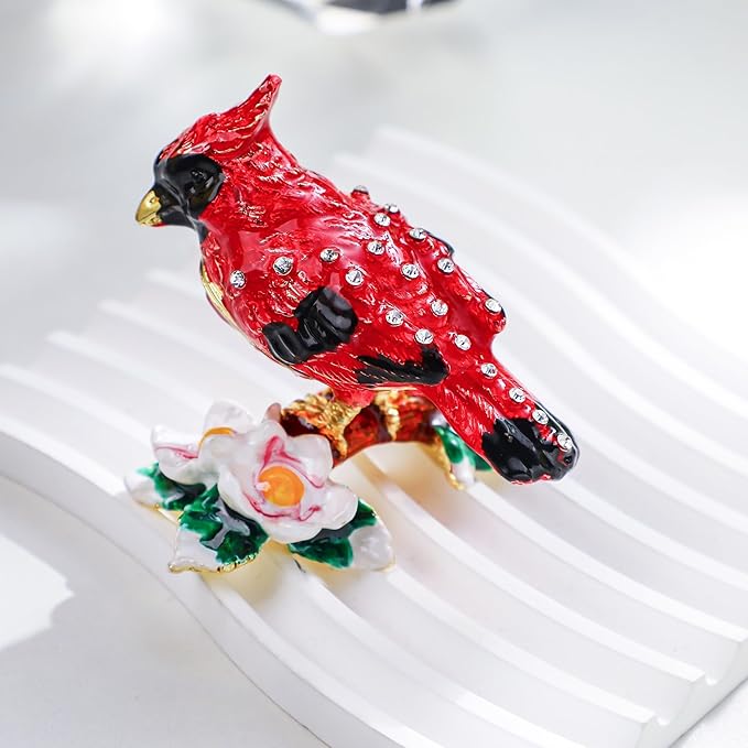 YU FENG 3.1inch Cardinal Bird on a Branch Trinket Box Animal Enamel Jewelry Trinket Box Small Hinged Trinket Boxes Bird Figurine Ring Box Christmas Gift for Daughter Girl