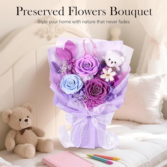 Preserved Flowers Bouquet with Bear, 3 Real Forever Flowers for Delivery, Long-Lasting Purple Eteranl Roses Bouquet, Anniversary Birthday Valentine Gifts for Women Mom Grandma Her Wife Girlfriend