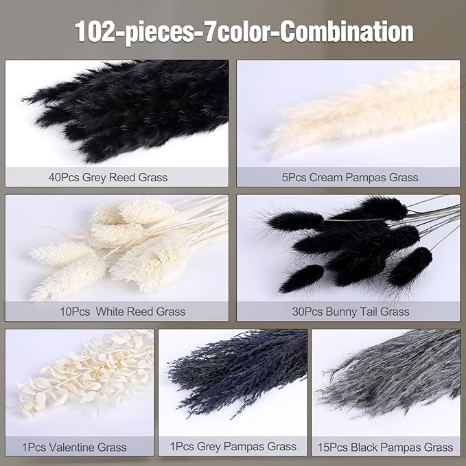 102PCS Black Pampas Grass Decor, Grey White Natural Dried Pampas Grass Bulk, Boho Home Decor Bouquet, Black and White Dried Flowers Decor, Wedding Floral Arrangements Table Vases Modern Decorations