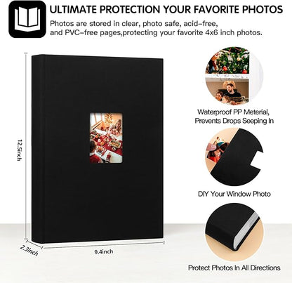 XFveiwoo Photo Album 4x6 450 Photos with Writing Space,4 x 6 Photo Book Linen Cover with Front Window, 4x6 Picture Album 450 Photos Photo Album Book for Wedding Kids Travel Family Baby Pictures, Black