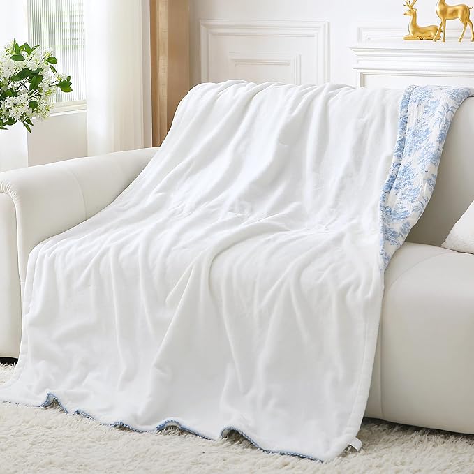 Viviland Fleece Throw Blanket Reversible Muslin Blankets, Soft Throw Blanket for Couch and Bed, Breathable Quilt Bedspread, Gauze Bedding for Adults, Large 50x70 inch, Blue Nerrah