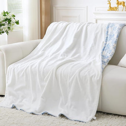 Viviland Fleece Throw Blanket Reversible Muslin Blankets, Soft Throw Blanket for Couch and Bed, Breathable Quilt Bedspread, Gauze Bedding for Adults, Large 50x70 inch, Blue Nerrah