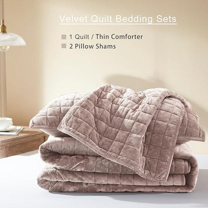 LEAONME Velvet Quilt Full/Queen Size-90''x98'', Lightweight Dusty Pink Comforter Set with 2 Pillow Shams, Soft Bedspread Coverlet Quilted Bedding Set for All Season