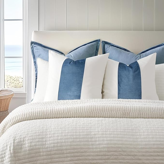 EVERGRACE x Kinsey Walsh Signature Velvet Panel Cotton Pillow Covers Set of 2, Decorative Pillow Covers 22"x22" for Couch, Square Cushion Cases for Sofa Bedroom Living Room, Blue Topaz