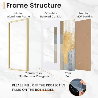 12x16 inch Metal Picture Frame - 12 x 16 Thin Aluminum Photo Frames with 9x12 Removable Mat - High Definition Plexiglass - Vertical and Horizontal Display - Wall Hook Hanging Hardware Included - Gold, Set of 4