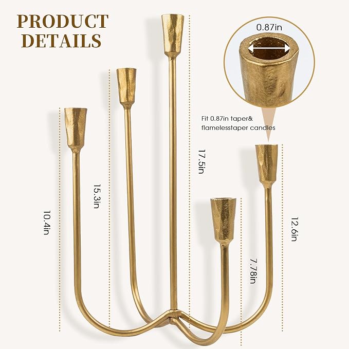 5 Candle Candelabra Antique Brass Finished, 17.5 Inch Tall Candlestick Holder Cast Iron Candle Holder Stand for Taper Candles, Elegant Centerpiece for Farmhouse, Wedding, Mantel & Dining Room