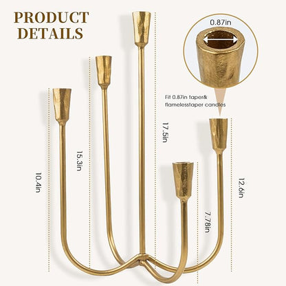 5 Candle Candelabra Antique Brass Finished, 17.5 Inch Tall Candlestick Holder Cast Iron Candle Holder Stand for Taper Candles, Elegant Centerpiece for Farmhouse, Wedding, Mantel & Dining Room