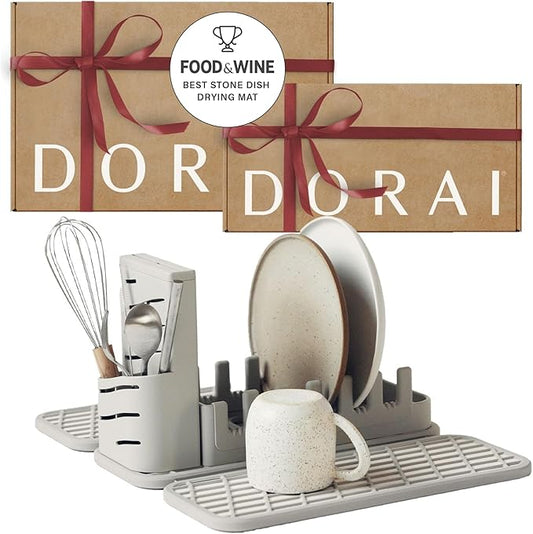 Dorai Home Collapsible Dish Drying Rack and Stone Pad – Foldable Rack with Instant - Dry Stone Mat – Space-Saving Dish Drainer for Kitchen Counter -19.9" x 15.2" (Sandstone)