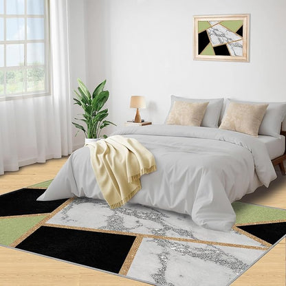 Black Gold Marble Carpet Geometric Marble Rugs for Bedroom Light Luxury Geometric Line Rug Modern Minimalist Indoor Carpet for Living Room Home Decor 5x8ft