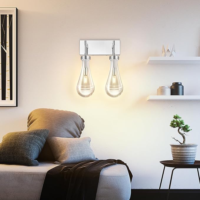 Raindrop Wall Sconces Chrome Crystal Sconces Wall Decor Modern Lighting Glass Bathroom Sconces Indoor Vanity Light Wall Lamp for Bedroom Living Room Stair(2-Light)