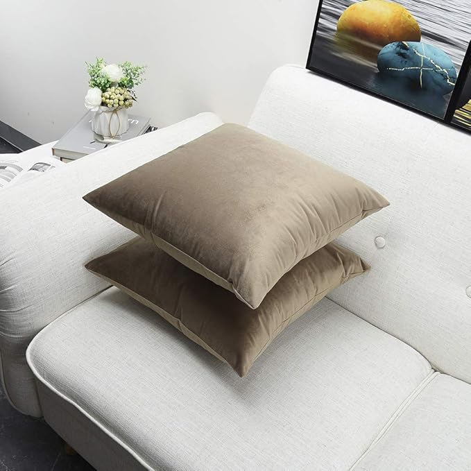 Artaimee Khaki Velvet Throw Pillow Covers 18x18 Inch, Set of 2 – Soft Decorative Cushion Cases for Sofa, Couch, Bed, or Chair – Square Plush Pillowcases with Hidden Zipper, Home & Living Room Décor