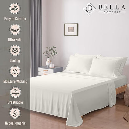 Bella Coterie 6 Piece Luxury Bamboo Viscose Queen Size Sheet Set | 100% Organically Grown | Cooling for Hot Sleepers | 18" Deep Pocket | Soft & Hypoallergenic | 4 Pillowcases [Ivory]