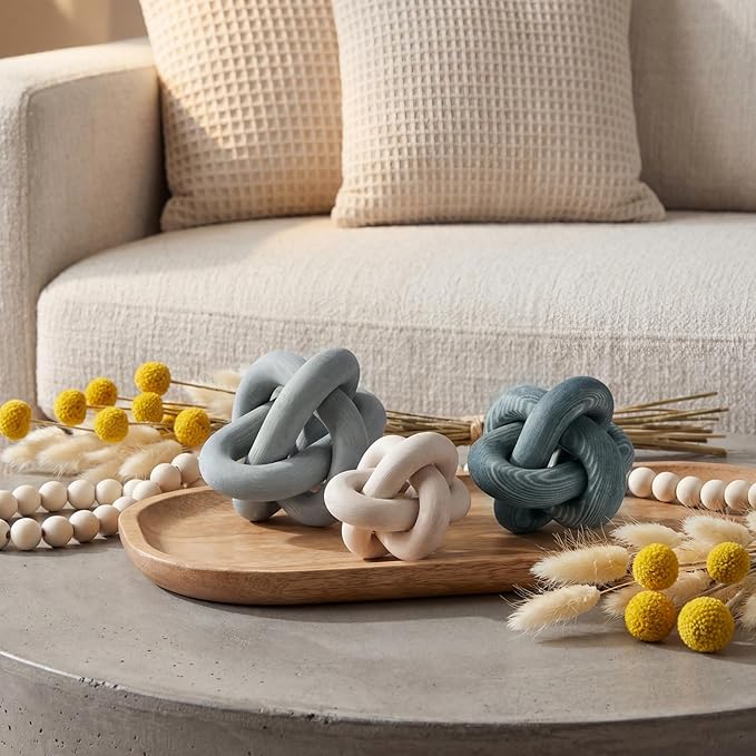 3 Pack Wooden Knot Decorations 3 Color Set Coordinated Boho Nautical Home Decor for Shelf, Wall, Tabletop, Sizes 3.94", 4.72", 5.91"(Gradient Blue)
