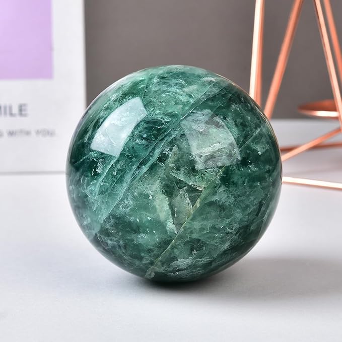 Large Green Fluorite Crystal Ball with Stand Natural Crystals Sphere Gemstone Ball Meditation Witchcraft Home Decor 80-90mm/3.1-3.5"