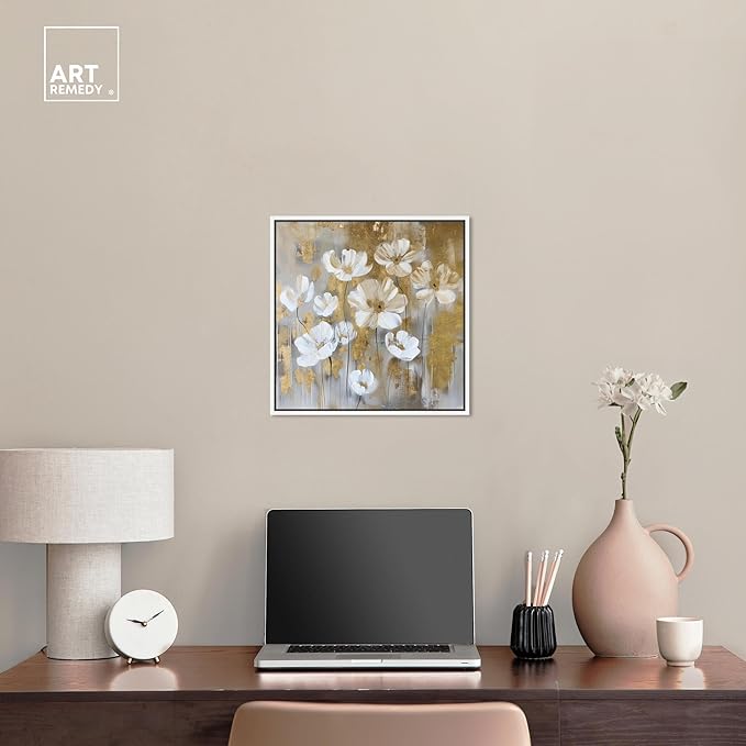 Art Remedy Golden Daisies Canvas Elegant White Gold Wall Art, White Frame, 16" x 16"