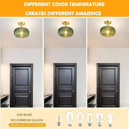 Semi Flush Mount Ceiling Light Fixture,Hallway Light Fixtures,Vintage Globe Glass Ceiling Fixture with Green Shade,Kitchen Ceiling Light Fixture,Farmhouse Ceiling Lighting for Bathroom Entryway Porch