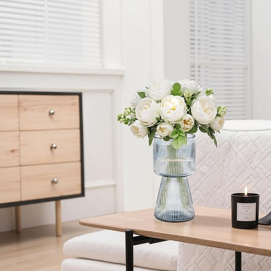 VECELO Modern Ribbed Glass Vase, Clear Flower Vase for Table Centerpiece, Modern Glass Vase for Living Room, Bedroom, Dining Table, Entryway, Office, Wedding, 7.5 Inches