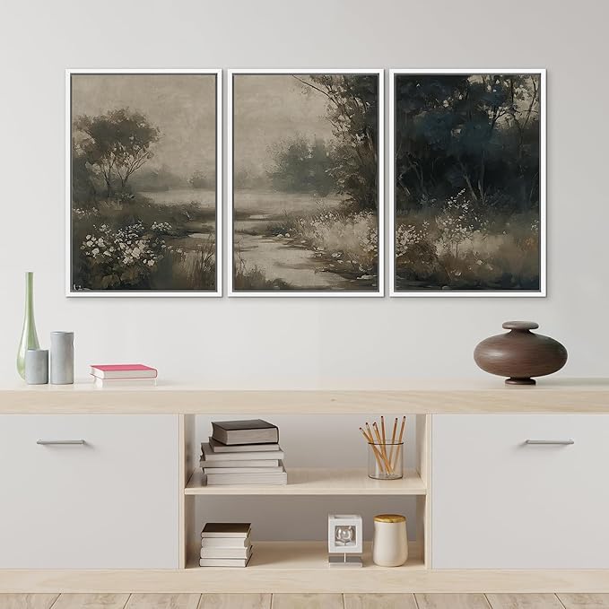 MUDECOR Framed Wall Art Print Set Vintage Landscape Subtle Forest and River in Earthy Tones Illustrations Modern Art Boho Decorative Colorful Chic for Living Room, Bedroom, Office - 24"x36"x3 White