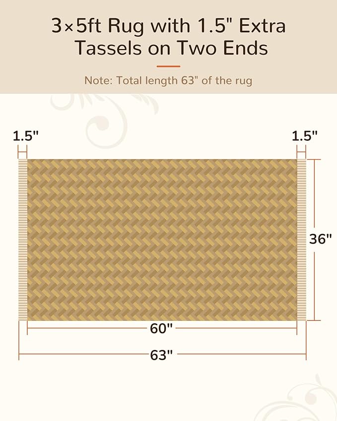 BESTSWEETIE 3x5 Washable Rug Hand-Woven Low Pile Soft Modern Farmhouse Bohemian Decor Reversible Braided Rugs with Tassels Throw Carpet for Living Room Bedroom Entryway Bathroom, Natural Jute