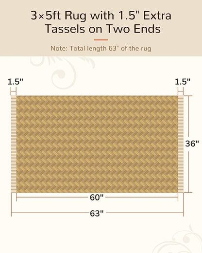 BESTSWEETIE 3x5 Washable Rug Hand-Woven Low Pile Soft Modern Farmhouse Bohemian Decor Reversible Braided Rugs with Tassels Throw Carpet for Living Room Bedroom Entryway Bathroom, Natural Jute