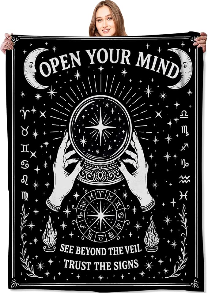 Black White Tarot Zodiac Signs Blanket Halloween Holiday Decor Occult Throw Gifts for Adults Lightweight Soft Fleece Divination Crystal Ball Blankets for Sofa Couch Witchy Decoration 40x50in