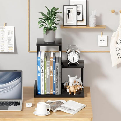 Gannyfer Desk Shelf Organizer - Wood Desktop Shelf, Freestanding Desk Hutch Office Decor, 3 Tier Storage Display Rack, Small Bookshelf with Metal Frame for Books/Plants/Toys (Black)
