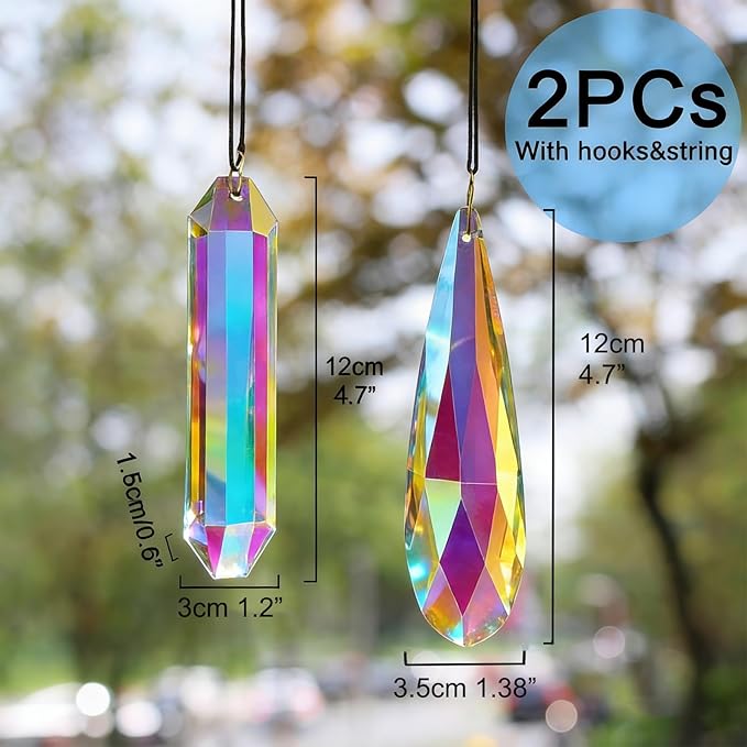 2PCS 4.7" Crystal Suncatcher for Window, Rainbow Prism Sun Catcher Hanging Crystal Prisms, Suncatchers for Windows, Room, Garden Fantasy Home Decor (ABColor 2Pcs)