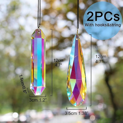 2PCS 4.7" Crystal Suncatcher for Window, Rainbow Prism Sun Catcher Hanging Crystal Prisms, Suncatchers for Windows, Room, Garden Fantasy Home Decor (ABColor 2Pcs)