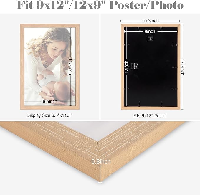 9x12 Frame Natural Woodgrain,Rustic 12x9 Picture Frame Beige, Art Pic Hanging Poster Frame, 9 by 12 Gallery Family Concert Portrait Photo Frame Anniversary/Birthday/Wedding/Thank you/Christmas Gift
