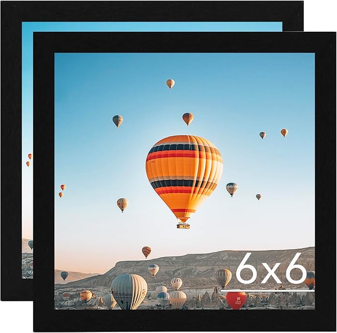 6x6 Picture Frame Set of 2 for Wall Hanging or Tabletop, 6 x 6 Square Wall Gallery Poster Photo Frame with Shatter Resistant Plexiglass, 2 Pack, Black