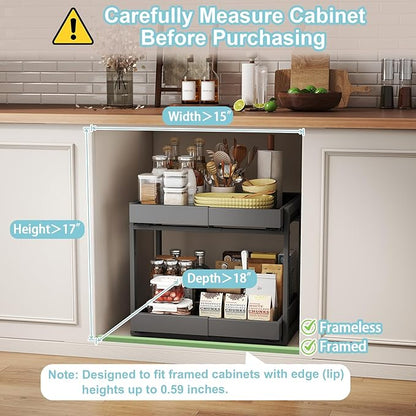 Golener 2-Tier Expandable Pull Out Cabinet Organizer - Pull-Out Drawers for Kitchen Cabinets, 2 Slide Home Storage Organizers, Slide Out Shelves for Base Cabinet Organization in Kitchen, Black Metal
