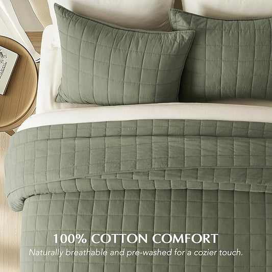 EVERGRACEHOME 100% Cotton Box Stitch Quilt Bedding Set King Size 3 Pieces, Garment-Washed Lightweight Soft Cozy Coverlet, Oversized Quilted Bedspread Sets with 2 Shams for All Season, Olive Green
