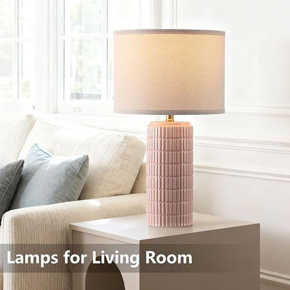 Modern Ceramic Table Lamp Set of 2, Bedside Lamp for Bedroom Decor, Nightstand Lamp with 3 Color Temperatures, Desk Light for Living Room Dorm Office, Pink