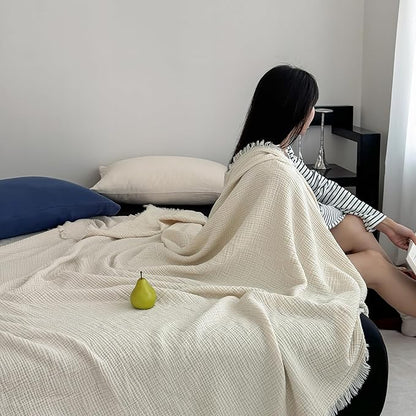 MorroMorn 100% Cotton Queen Size Bed Blanket 80"x90" Muslin Blanket with Fringes, 4-Layer Gauze Blankets for Adult, Boho Bedding Breathable Lightweight Ultra-Soft for All Seasons, Linen Beige