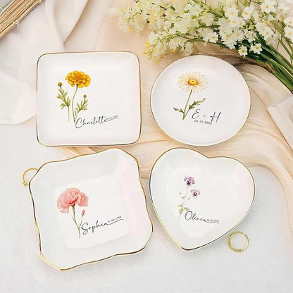 Personalized Birth Flower Ring Dish, Custom Floral Name Jewelry Dish, Trinket Tray for Women Bridesmaid Friends Sisters Siblings Bestie Gift for Birthday, Wedding, Engagement
