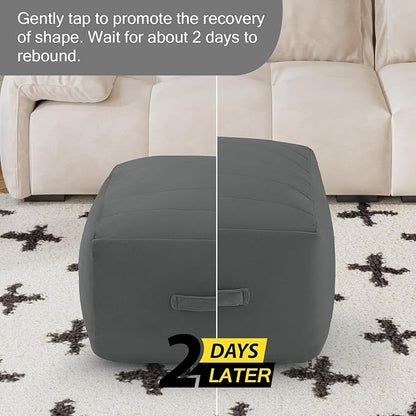 MeMoreCool Square Stuffed Pouf Ottoman Foot Rest, Floor Pouf Foot Stool with Foam Chunk Filling, Soft Stuffed Ottoman Footrest for Living Room, Dark Grey