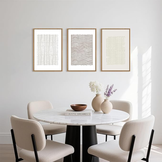 Large Abstract White and Beige Framed Canvas Wall Art,Geometric Dot and Line Wall Decor,Modern Wave Lines Artwork,Neutral Minimalist Shapes Art Print for Living Room,Bedroom,Office- 24"x36"x3