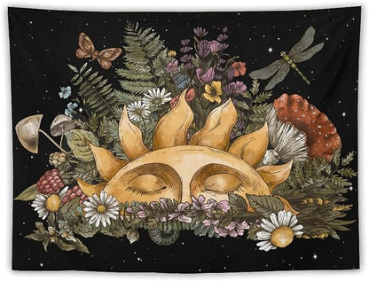 Vintage Sun Tapestry,Boho Hippie Mushroom Starry Floral Forest Plant Tapestries Wall Hanging for Dorm Living Room Bedroom Home Decor(60"x80")