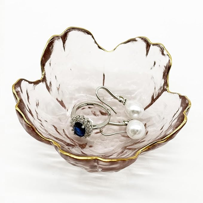Small Jewelry Dish Tray, Flower Ring Holder, Nightstand Decor Glass Trinket Plate, Crystal Jewlery Bowl for Earrings, Engagement Gifts (Pink)