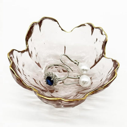 Small Jewelry Dish Tray, Flower Ring Holder, Nightstand Decor Glass Trinket Plate, Crystal Jewlery Bowl for Earrings, Engagement Gifts (Pink)