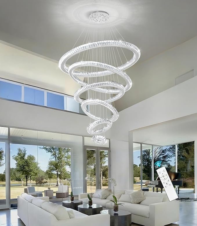 Modern Chandelier 8"+16"+24"+32"+40"+47" 6 Rings Crystal LED Dimmable Lighting Foyer Entryway High Ceiling Living Room Chanderliers Pendant Lights Fixtures Silver Light