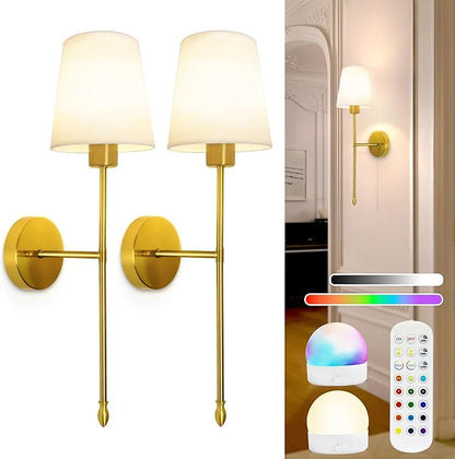 Battery Operated Wall Sconce Set of 2, 15 Colors Rechargeable Wall Lights with Dimmable Bulbs and Remote, Gold Wireless Wall Lamp for Living Room Hallway Bedroom