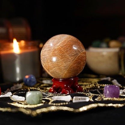 mookaitedecor Natural Orange Moonstone Crystal Ball with Resin Stand, Decorative Stone Sphere Ball for Feng Shui Meditation Divination Home Decor, 2-2.36 Inch (51-60 mm)