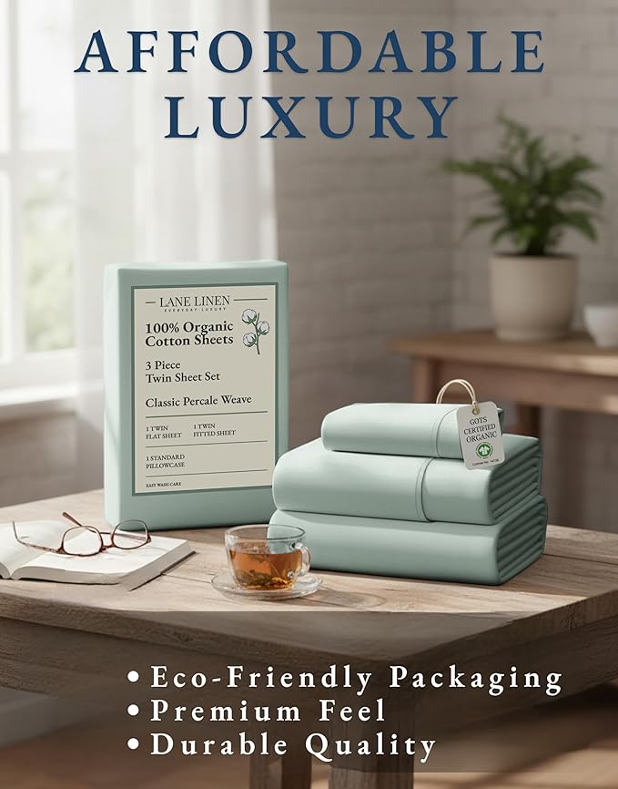 LANE LINEN 100% Organic Cotton Twin Bed Sheet Set, Soft & Comfy Low Pill Fade Resistant Machine Wash Reinforsed French Seam Sustainably Produced Eco Friendly Sábanas Twin- Cool Blue