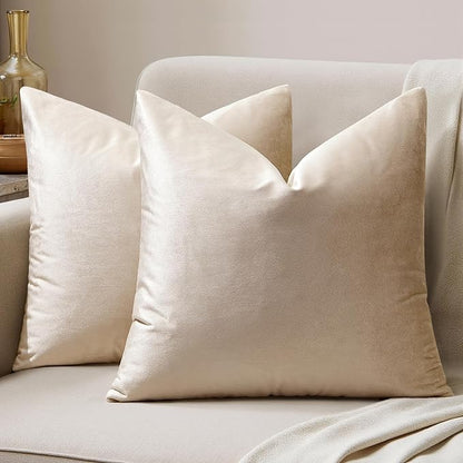MIULEE Velvet Throw Pillow Covers 18x18 Inch, Pack of 2 - Champagne, Super Soft Decorative Square Cushion Cases Modern Luxury Home Decor for Sofa, Couch, Bed, Chair with Invisible Zipper