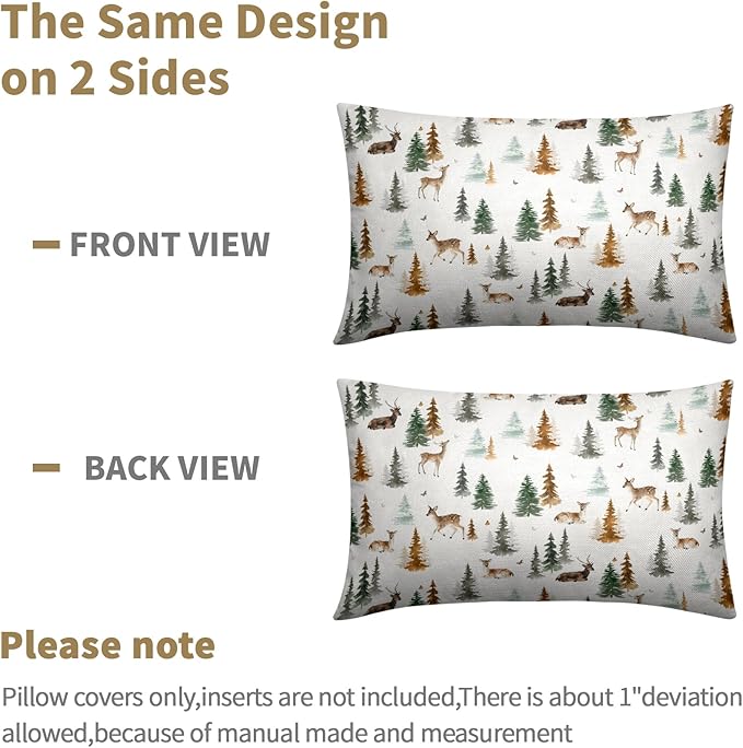 Watercolor Deer Spring Pillow Covers 12x20 Set of 2 Forest Tree Throw Pillow Covers Rustic Pillowcase Linen Decoration Farmhouse Soft Decorative Green Brown Cushion Case Couch for Indoor Home Decor