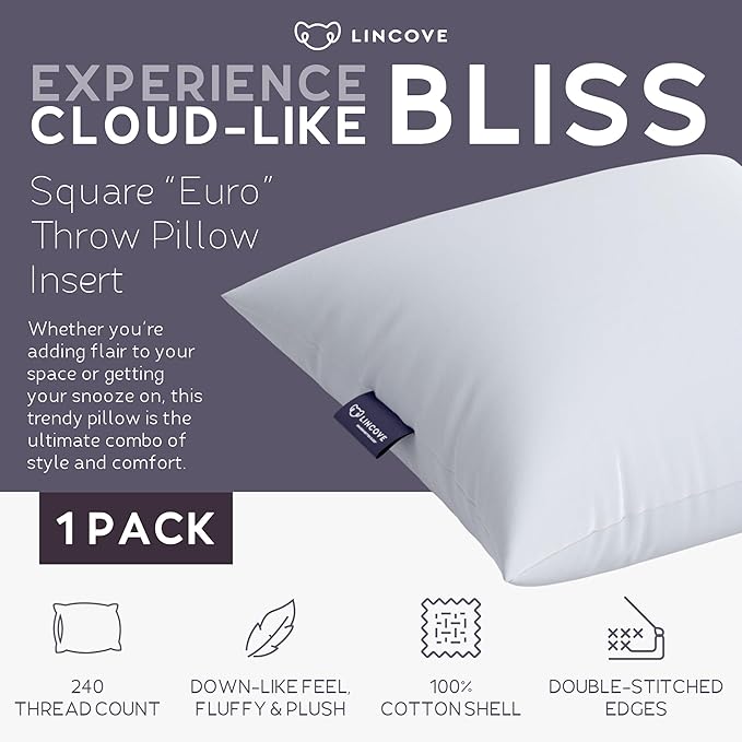 Lincove Euro Throw Pillow Insert Square 20"x20" Pillow – Made in Canada, 100% Cotton Shell, Down Alternative Filling, Vegan-Friendly, Hypoallergenic - Decorative Couch Pillows, 1 Pack