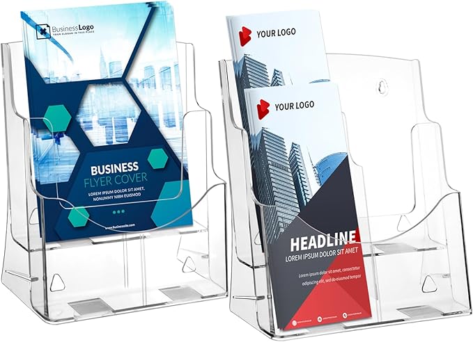 Acrylic Brochure Holder 8.5x11 & 4 x9 Inches, Clear 2 Tier Magazine Holder Brochure Display Stand w Removable Divider, Literature Pamphlet Flyer Holder for Wall Mount or Countertop