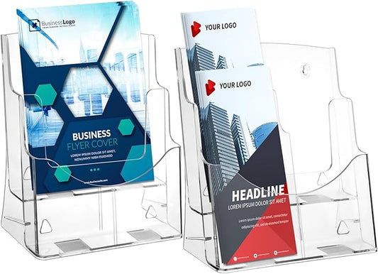 Acrylic Brochure Holder 8.5x11 & 4 x9 Inches, Clear 2 Tier Magazine Holder Brochure Display Stand w Removable Divider, Literature Pamphlet Flyer Holder for Wall Mount or Countertop