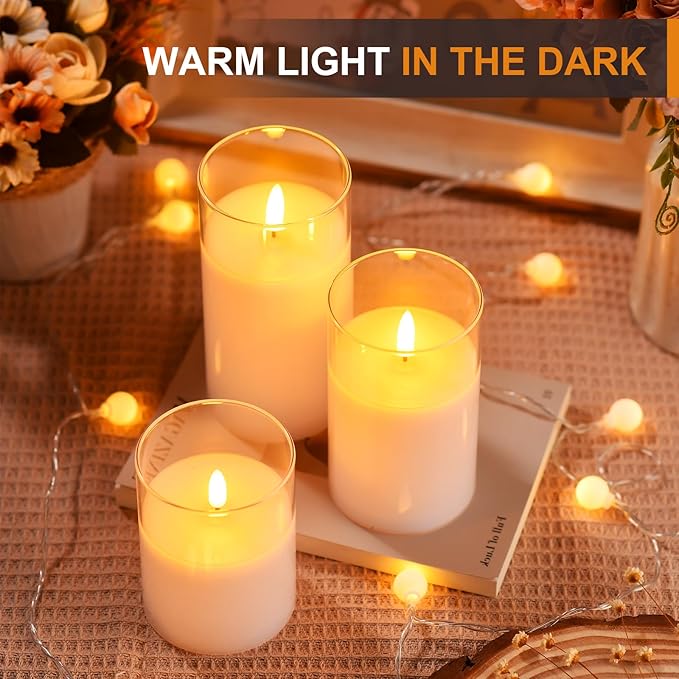 Tyawon Glass Battery Operated LED Flameless Candles with Remote and Timer, Real Wax Candles Warm Color Flickering Light for Festival Wedding Home Party Decor(Pack of 3)-White